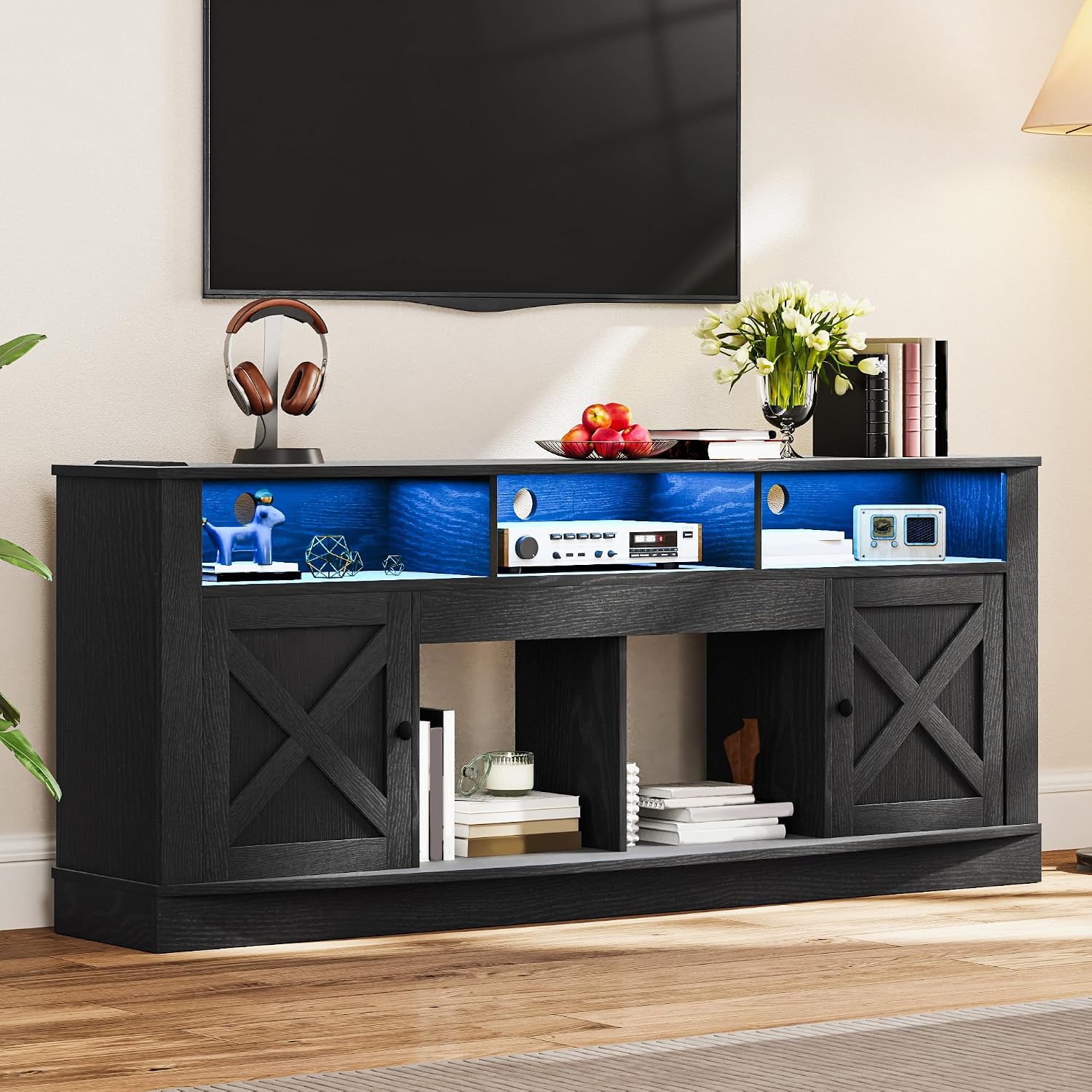 DWVO TV Stand for 7580 Inch TV, Entertainment Center, LED Light Media Console, TV Cabinet with Barn Doors and Power Outlet for Living Room, Black