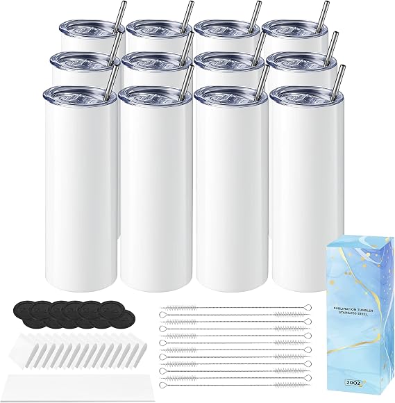 Hiipoo 12 Pack Sublimation Tumblers Blank 20 oz Straight Skinny with Sublimation Papers, Lids and Straws, Shrink Wrap Films, Stainless Steel Double Wall Insulated Tumbler for Mug Press Machine