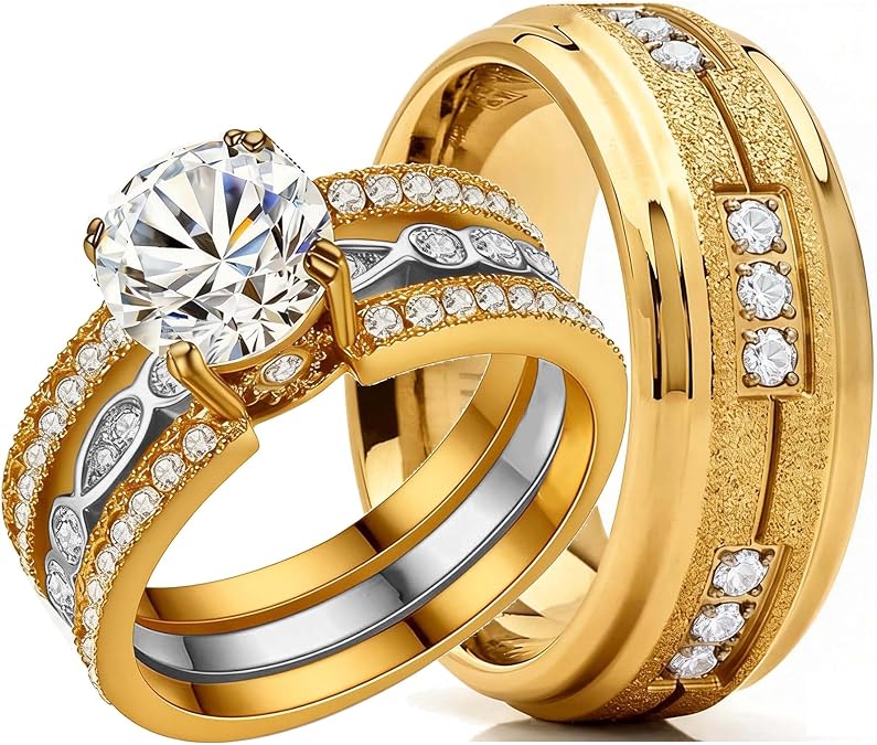 Couple Rings Matching Rings Yellow Gold Plated 1.5CT AAA CZ 2pcs Women Wedding Ring Sets for Him and Her Rings Men Band