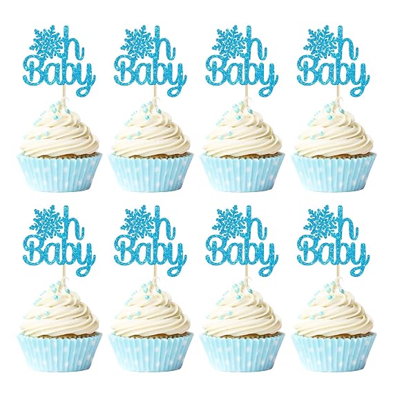 Gyufise 24 Pack Snowflake Oh Baby Cupcake Toppers Blue Glitter Winter Frozen Oh Baby Cupcake Pick Decorations for Winter Onederland Babyshower Birthday Boy Snowflake Party Decorations