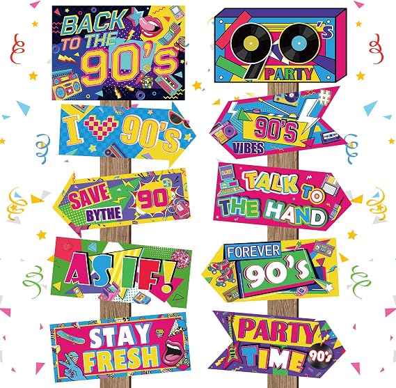 Hooqict 20 Pieces 90s Party Decorations Sign Retro Hip Hop Party Sign for Back to The 90s Adults Neon Throwback Birthday Party Supplies