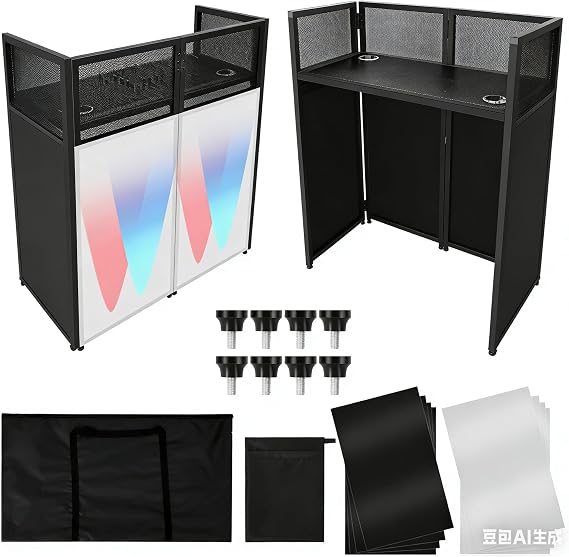 GarveeTech Portable DJ Facade Booth,42 in L x 46 in H x 21 in W DJ Table Stand Booth with White & Black Scrim,Foldable DJ Table Station with Adjustable Feet for Party, Black Metal Frame