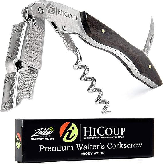Hicoup Wine Opener - Professional Corkscrews for Wine Bottles w/Foil Cutter and Cap Remover - Manual Wine Key for Servers, Waiters, Bartenders and Home Use - Black Marble Resin & Steel