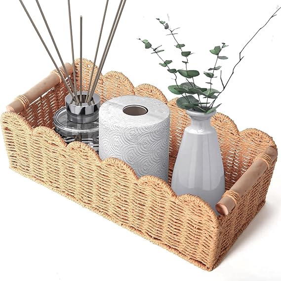 Scalloped Organizer Basket for Toilet Tank Top with Wooden Handle, Wicker Storage over Above Behind Flush Tank, Hand Woven Paper Rope Back of Cistern Tray (Paper Rope, 14.2*6.5*5")