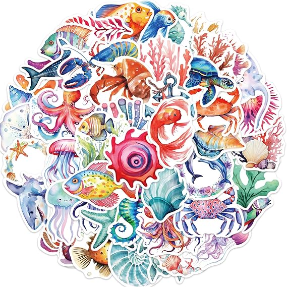 50Pcs Ocean Animal Stickers Marine Life Vinyl Decals for Adult Teen Kids Cup Water Bottles Laptop Luggage Computer Mobile Phone Guitar Skateboard Decoration (Marine Life)