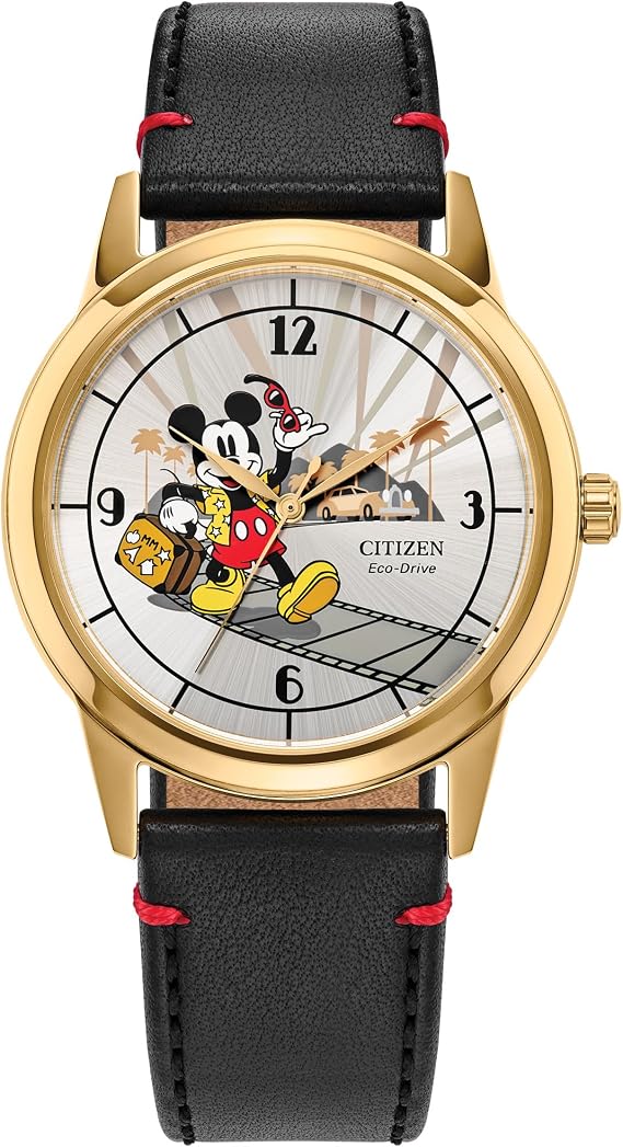Citizen Men's Eco-Drive Disney Mickey Mouse Black Leather Strap Silver-Tone Dial Watch Model: FE7063-07W