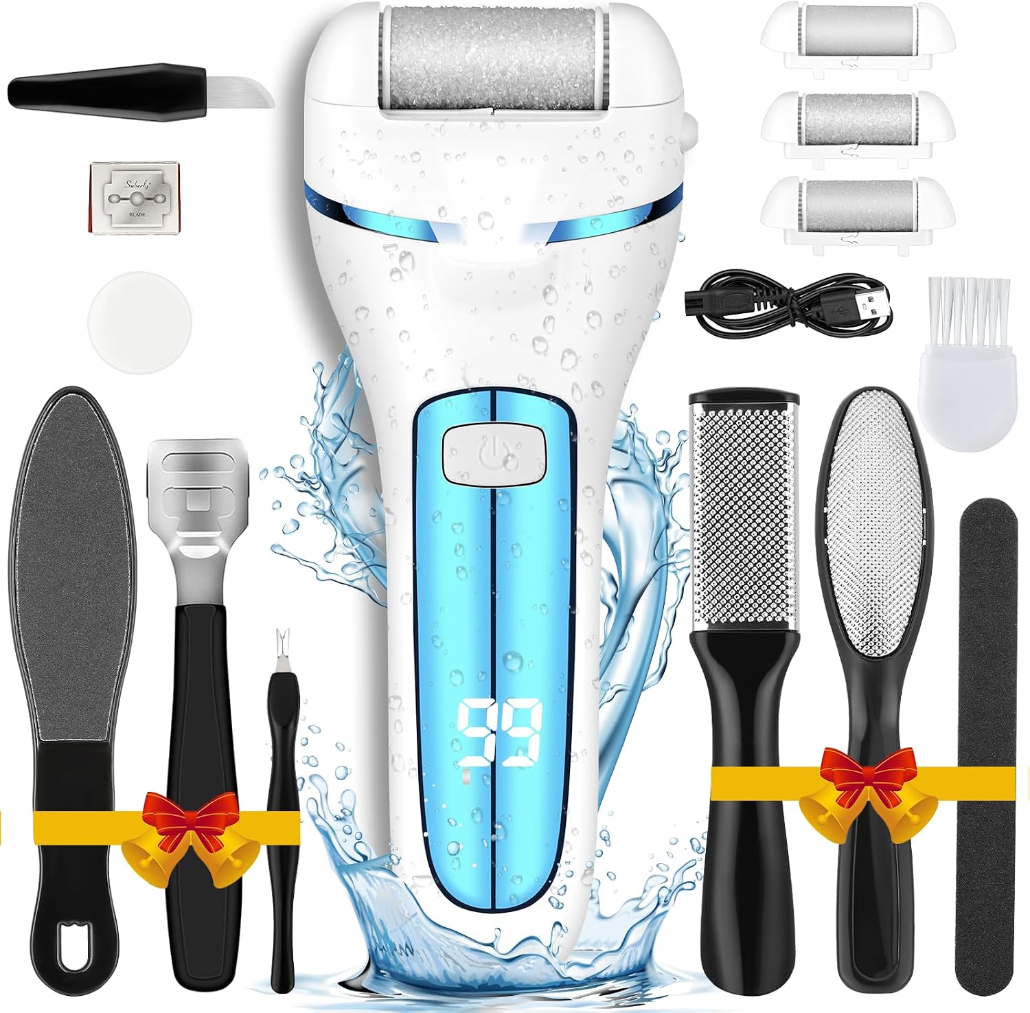 Foot Callus Remover Electric Callus Remover for Feet, Yooikeey Electric Foot Scrubber Dead Skin Remover,16 in1 Pedicure kit for Dead Skin&Cracked Heel or Rough Hand with 3 Roller Heads 2 Speed Blue