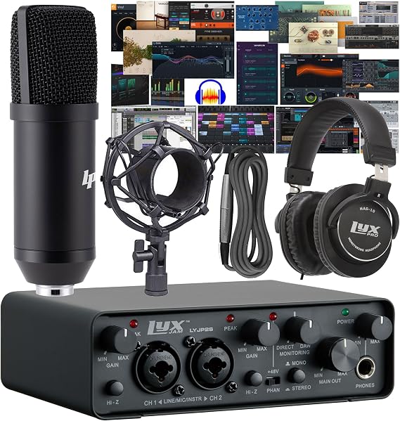 LyxJam 22 USB Audio Interface Recording Bundle w, Cardioid Condenser Mic, Studio Headphones, Shockmount, XLR Cable, Waveform OEM Software, 24-bit/192 kHz Music, Podcast, Voiceover & Streaming Kit