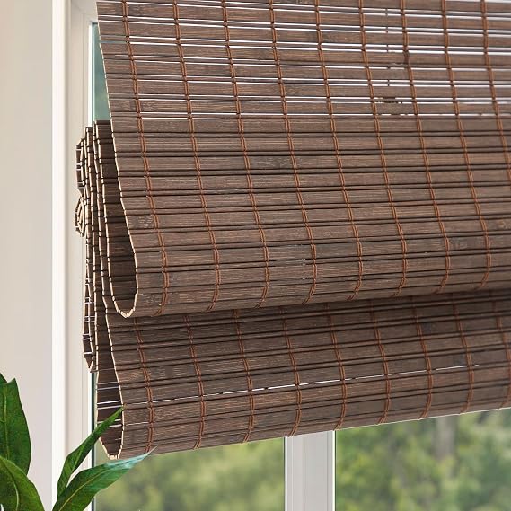AOZORA Cordless Bamboo Roman Shades, Custom Natural Woven Bamboo Blinds, Roman Window Shades with 6 Inches High Valance, Room Darkening Privacy Lined Sun Shade, Cocoa Brown