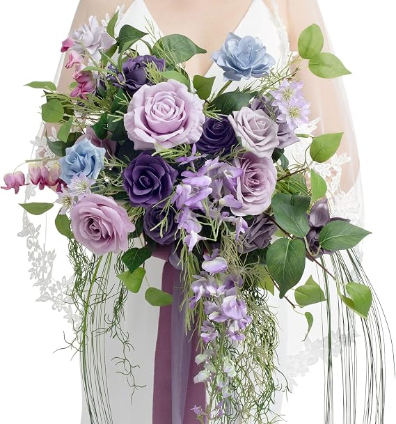 Ling's moment Bridal Bouquet Cascading Lavender Wedding Bouquets for Bride | 13" Lilac Purple Teardrop Bouquet Artificial Silk Flower Rustic Handmade Rose Ceremony Anniversary Matching Bridesmaid Style