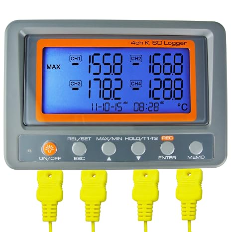 Digital 4 Channel Thermocouple Thermometer Temperature Recorder Data Logger AZ Instruments Multi Channel K Type Thermometer Thermocouple Reader with 8G SD Card 2 Bead Type K-Thermocouple Probe