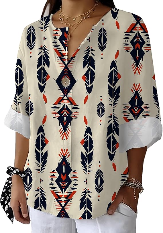 Boho Floral Blouse for Women Summer Casual Shirt 3/4 Sleeve V Neck Pullover Tops Dressy Button Loose Tunic Tees