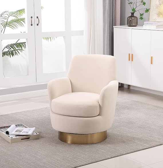 Velvet Swivel Accent Chair, Upholstered Barrel Chair with Golden Base, Comfy Sherpa Round Boucle Chair, 360-degree Swivel Armchair for Living Room, Bedroom, Lounge, Office, Nursery, Club, Beige