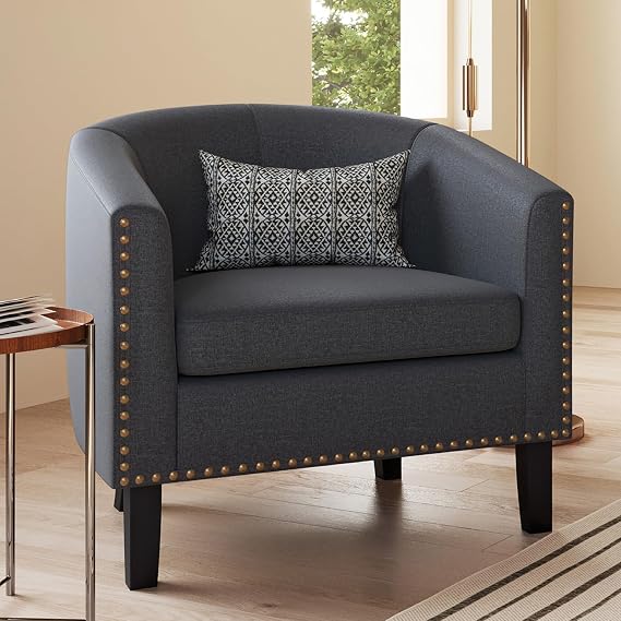 BELLEZE Accent Barrel Chair, Modern Tub Club Chair Upholstered Armchair with Gold Nail Head Trim and Black Legs for Living Room Bedroom Apartment Lounge - Gray/Linen