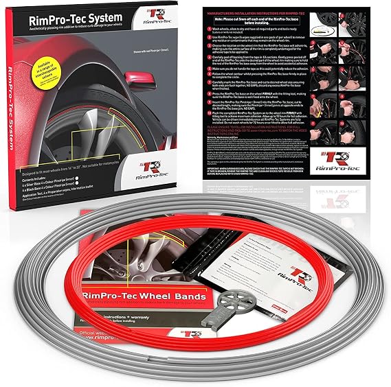Rimpro-Tec Rim Protectors for Car Wheels for Protection, Durable All-Weather Easy-To-Install Fit from 12" To 22" Wheels Base: Silver, Inner: Red