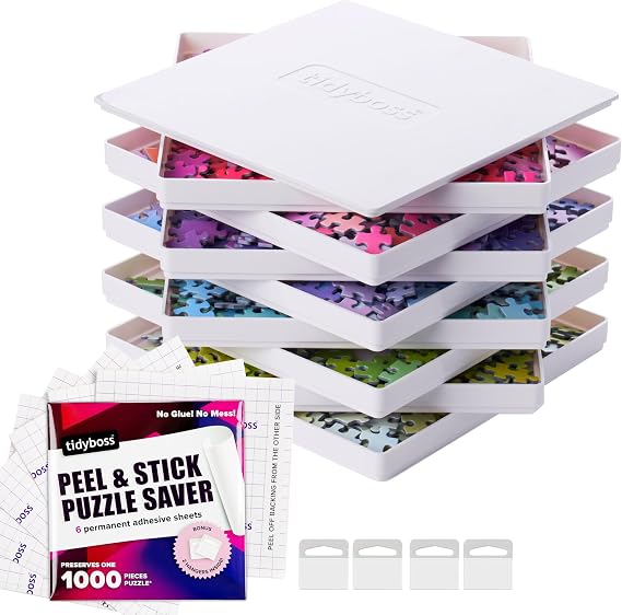 8 Puzzle Sorting Trays with Lid 8" x 8" Including Jigsaw Puzzle 6 Glue Sheets with 4 Adhesive Wall Hangers