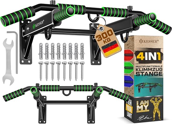 KESSER 4-in-1 pull-up bar for wall mounting, non-slip handles, additional function for rope rings and punching bags with different grip positions, safe and stable, pull-up bar for home