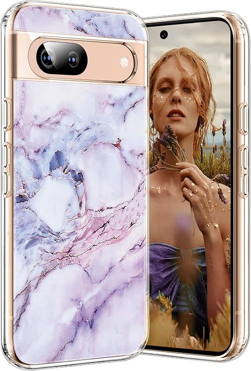 Marble Case for Google Pixel 8 Pro 5G, Soft Silicone Clear TPU Case for Women, Cute White Blue Marble Pattern Anti-Scratch Shockproof Protective Cover for Google Pixel 8 Pro 6.7-inch (Purple)