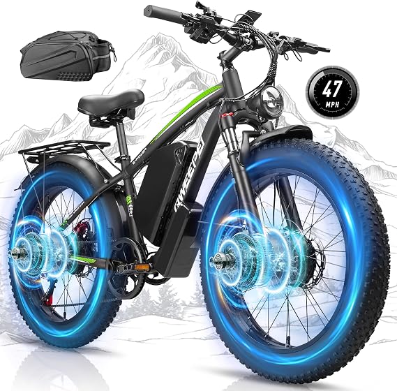 9000W Peak Dual Motor Electric Bike, 24 Full Suspension Ebike, 47MPH Speed | 58V 36Ah Removable Battery, Up to 105 Mile Long Range Ebike, All-Terrain Fat Tires for Mountain Off-Road Gravel Snow Commuter