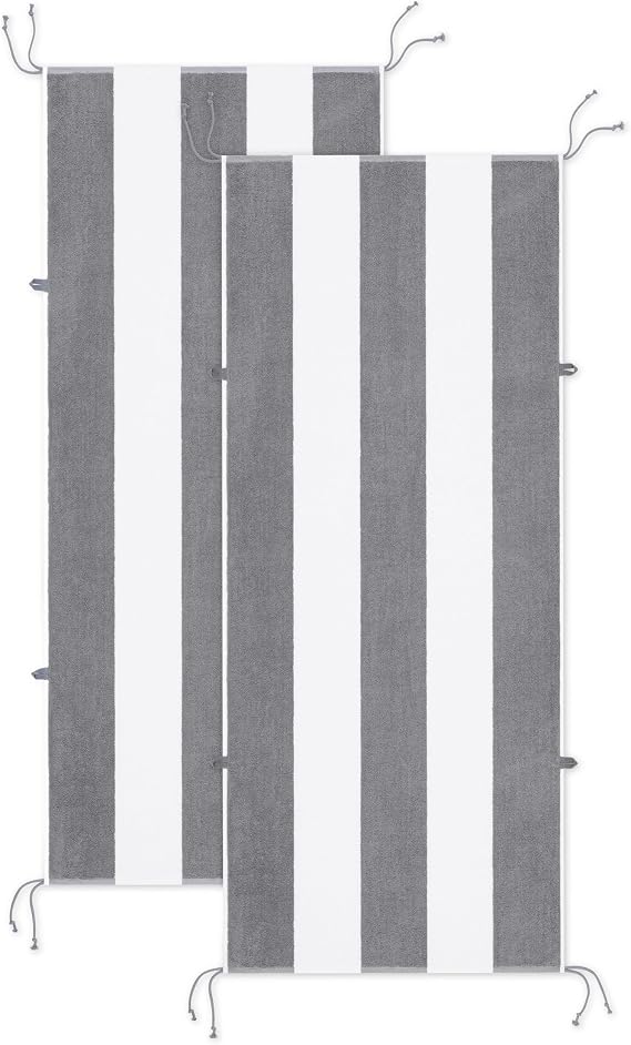 Arkwright Tie-and-Dry Beach Towel, 2-Pack, Clip-Free Pool Chair Cover with Rope Ties Holder for Outdoor Patio Chaise Lounge, 420GSM Cabana Stripe, Oversized 30 x 70 in, Alloy Grey
