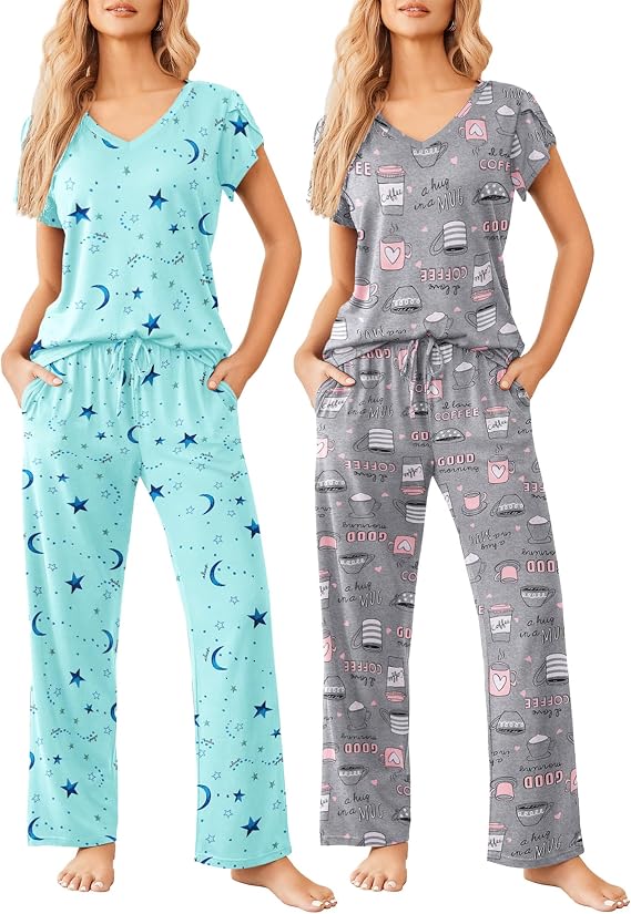 Ekouaer 2 Pack Womens Pajama Set Short Sleeve Sleepwear Soft Pjs Lounge Set | Cute Printed Loungewear,Comfy Sleep Set,Gift for Mom,Wife,V Neck Top & Elastic Waist Pants with Pockets,2 Piece Sets