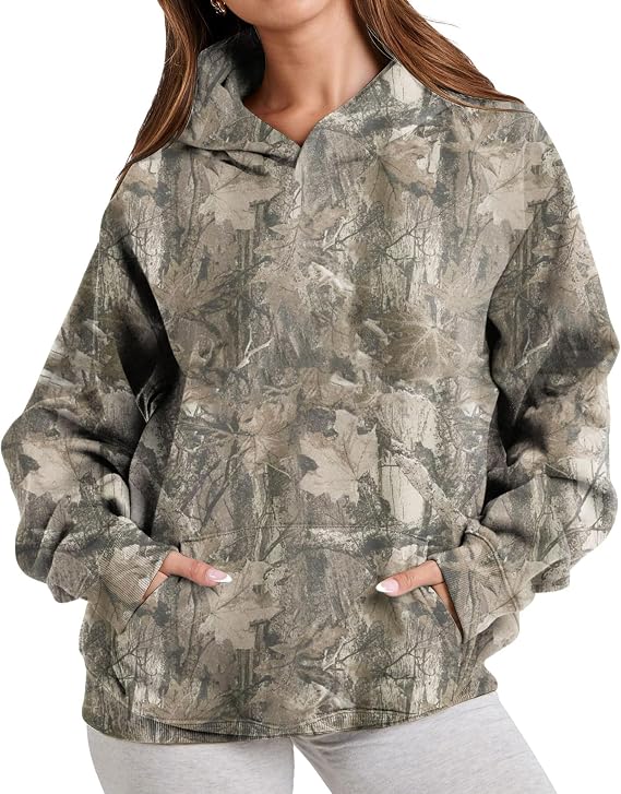 TERIVEEK Women Camo Hoodies Oversized Maple Leaf Fleece Hooded Sweatshirt Long Sleeve Fall Trendy Pullover Hoodie with Pocket
