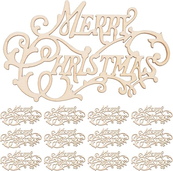 EXCEART Merry Christmas Wooden Cutout 20pcs Unfinished Wood Letter Paintable Pieces Slice Embellishment Blank Xmas Tree Tags Crafts Rustic Blank Wood Chips for DIY Scrapbooking Xmas Sewing Crafts