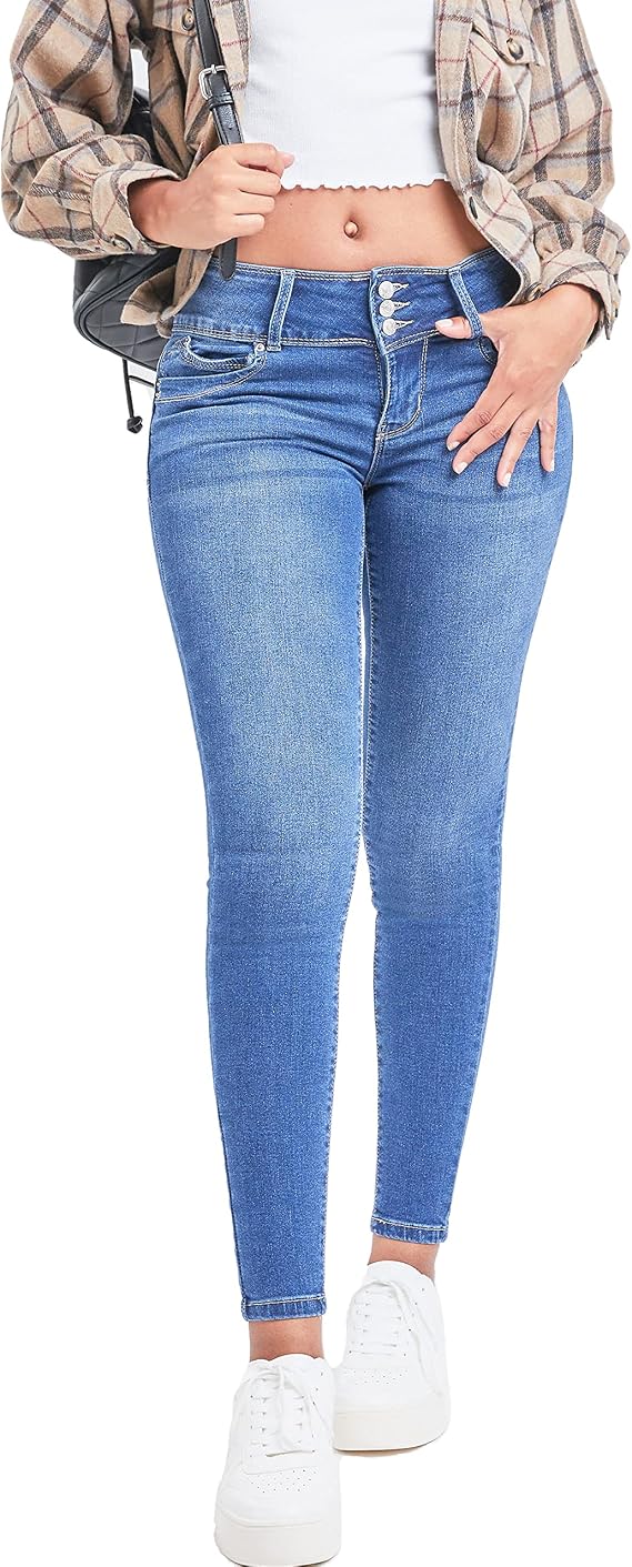 YMI Women's YMI Women's Junior Mid-Rise Wannabettabutt 3-Button Recycled Fibers Skinny Jeans