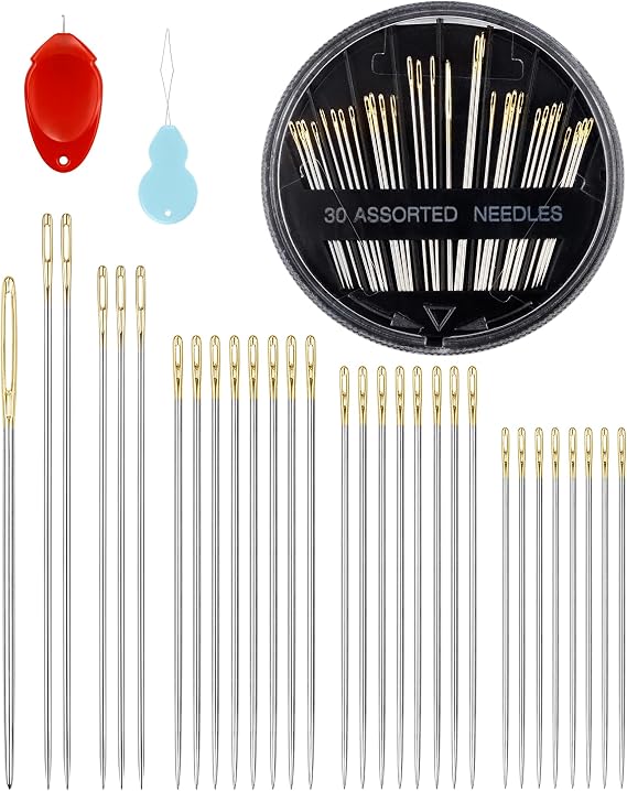 FIVEIZERO 30-Count Steel Needles for Hand Sewing, 6 Sizes Large Eye Embroidery and Hand Quilting Needles Kit with Threaders for Art & Craft Projects