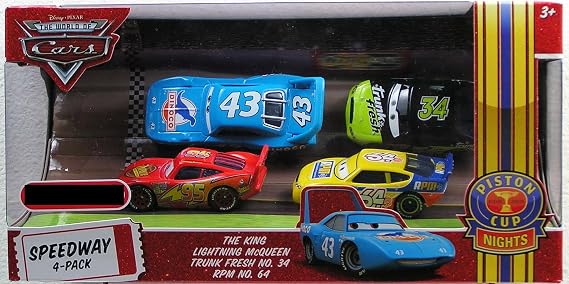 Disney / Pixar CARS Movie Exclusive 1:55 Die Cast Piston Cup Nights Speedway 4-Pack [Lightning McQueen, The King , Trunk Fresh #34 & RPM #64]