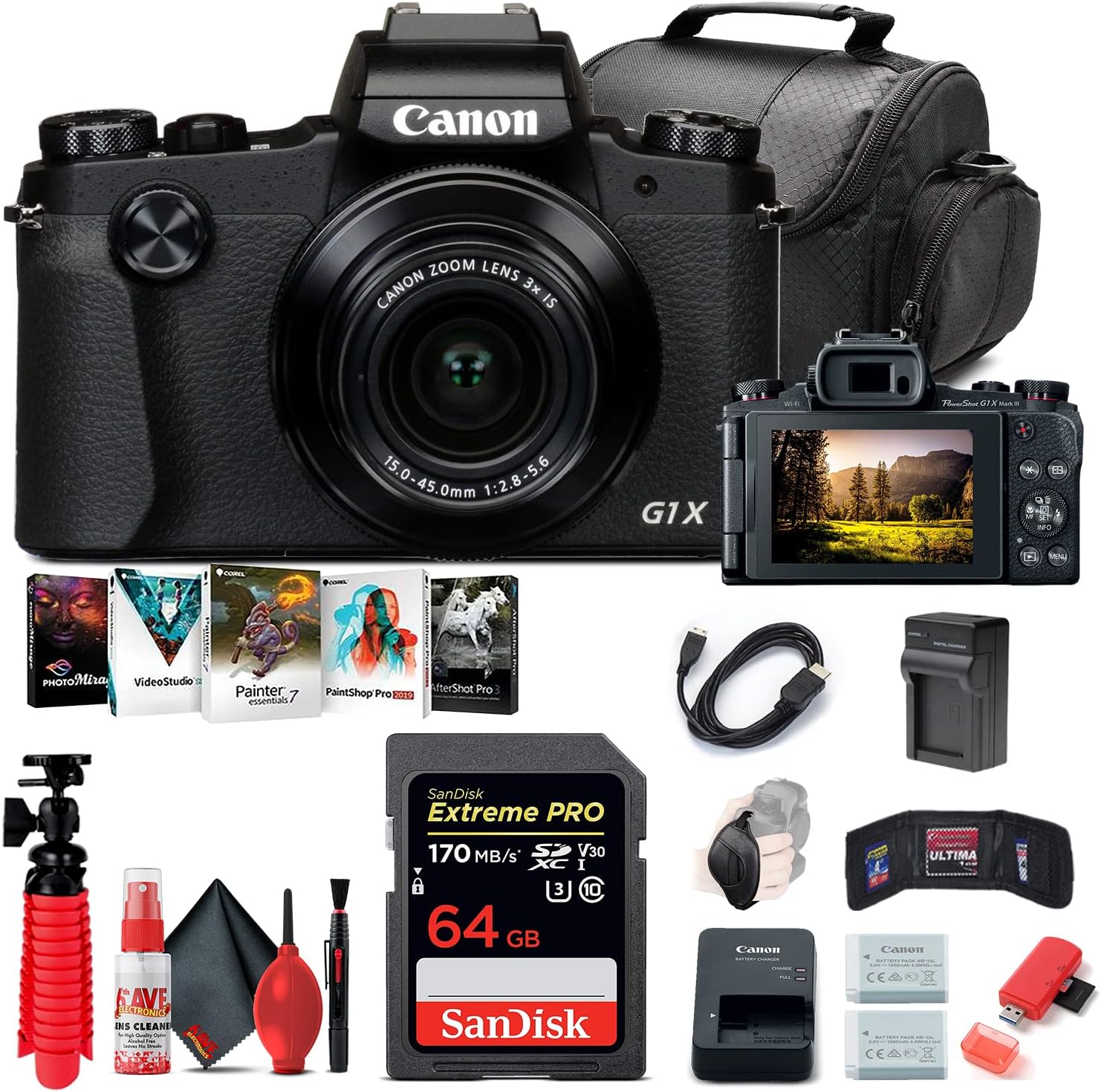 Canon PowerShot G1 X Mark III Digital Camera 2208C001, 64GB Memory Card, NB13L Battery, Corel Photo Software, Charger, Card Reader, Deluxe Soft Bag, Flex Tripod  More International Model