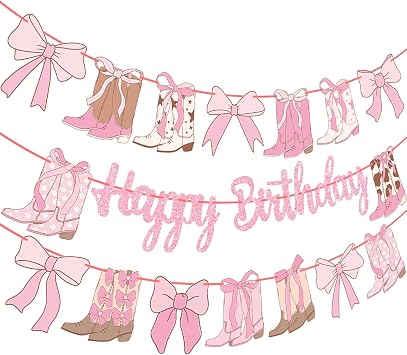 Coquette Cowgirl Birthday Banners Western Cowgirls Decorations 3PCS Boots and Bows Banner Glitter Pink Coquette Bows Birthday Decor for Girls Western Theme Baby Shower Supplies