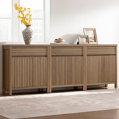 SICOTAS Fluted Buffet Cabinet with Storage - 87 Large Sideboard Modern Storage Cabinet Accent Coffee Bar Console Table with Drawers & Adjustable Shelves for Kitchen Living Room Entryway, Caramel Oak