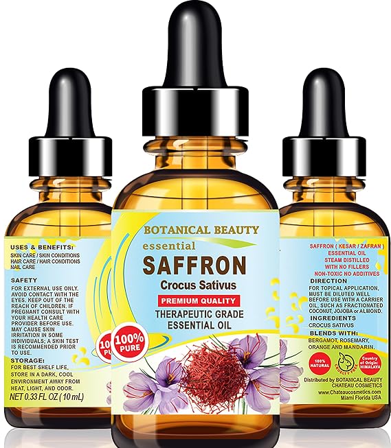 Botanical Beauty Saffron Oil (Kesar) Crocus Sativus Essential Oil 100% Natural for Face, Skin, Body, Hair, Nail Care, Dried and Damaged Skin, Aromatherapy 0.33 Fl Oz - 10 ml