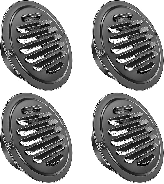 4 inch 4-Pcs Stainless Steel Vent Cover, Black Round Soffit Louver Grille Exhaust Cover, Built-in Mesh Screen, Suitable for Vent Places Such as Kitchen, Bathroom, etc (4 inch Black Cover 4Pcs)