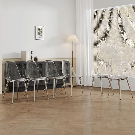 Transparent Dining Chairs Set of 6, Modern Acrylic Plastic Chairs with Silver Metal Legs, Clear Kitchen and Dining Room Chairs for Home, Office, or Outdoor Use