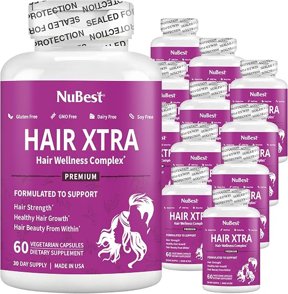 NuBest Hair Xtra - Hair Growth Vitamin for Faster Hair Growth - 60 Vegan Capsules - Natural Hair Thickening with Biotin, Zinc, MSM, B Vitamins, Choline - Hair Supplement, Hair Regrowth (Pack 12)