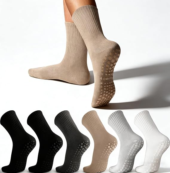 6 Pairs Pilates Socks with Grips for Women-Non-Slip Yoga Socks for Ballet Dance Barefoot Workout Pregnant Crew Socks