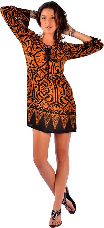 1 World Sarongs Womens Goldish Brown Abstract Tribal Tunic Cover Up in XX-Large