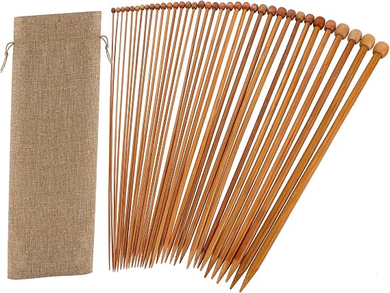14 Inch Bamboo Knitting Needles Set, BENBO 18 Pairs Single Pointed Knitting Needle Straight Wooden Needles for Beginners Long Wood Knitting Needles with Storage Bag and Stitch Markers (36 Pieces)