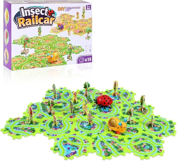 15 Pcs Puzzle Racer Car Track Set, DIY Assembly Race Tracks Playset | Puzzle Track Car Play Set, Puzzles Cars Toys Gifts for Birthday Christmas Gift (Snail Ladybug)