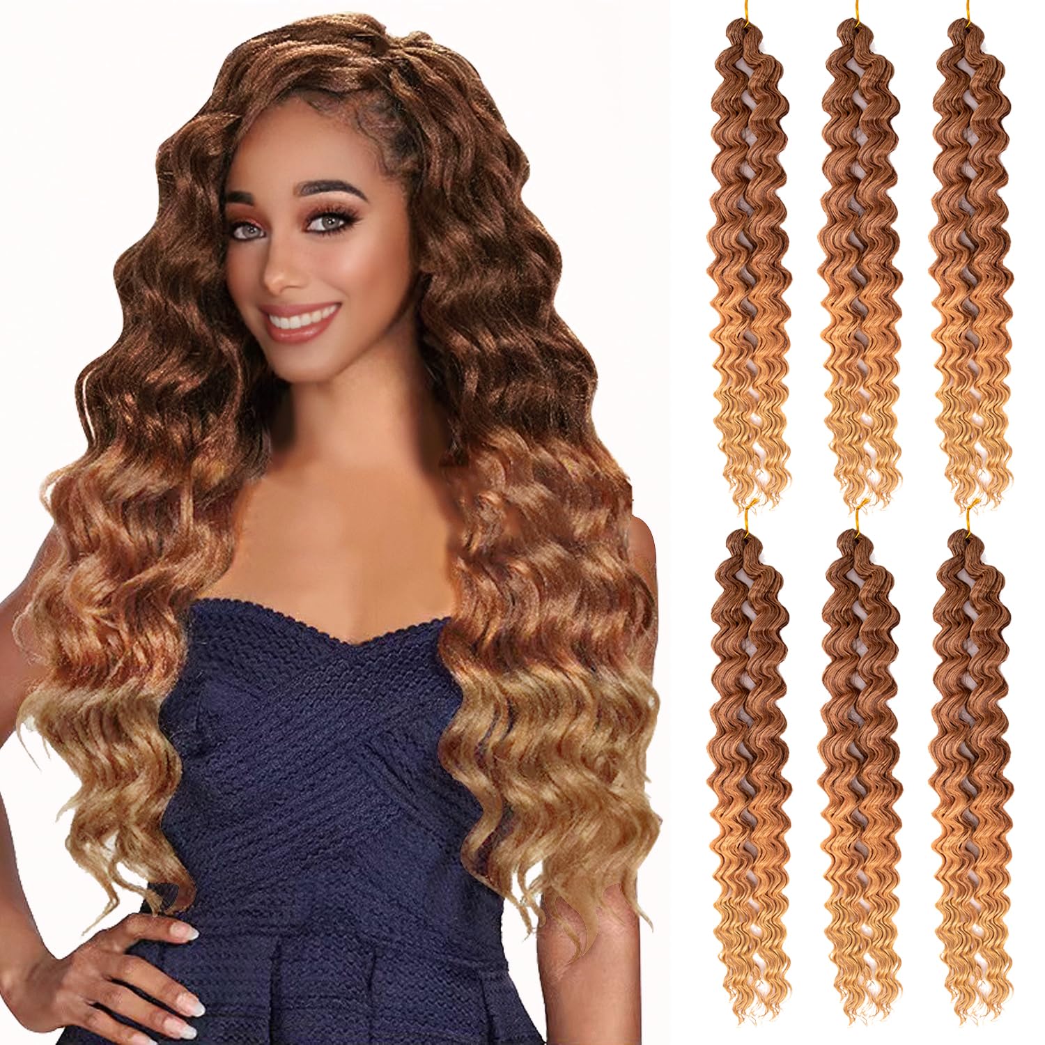 Ocean Wave Crochet Hair 28 inch Deep Wave Curly Braiding Hair For Boho Box Braids 6 Pakcs Beach Curl Synthetic Bohemian Crochet Braid MT43027#Ombre Dark Blonde