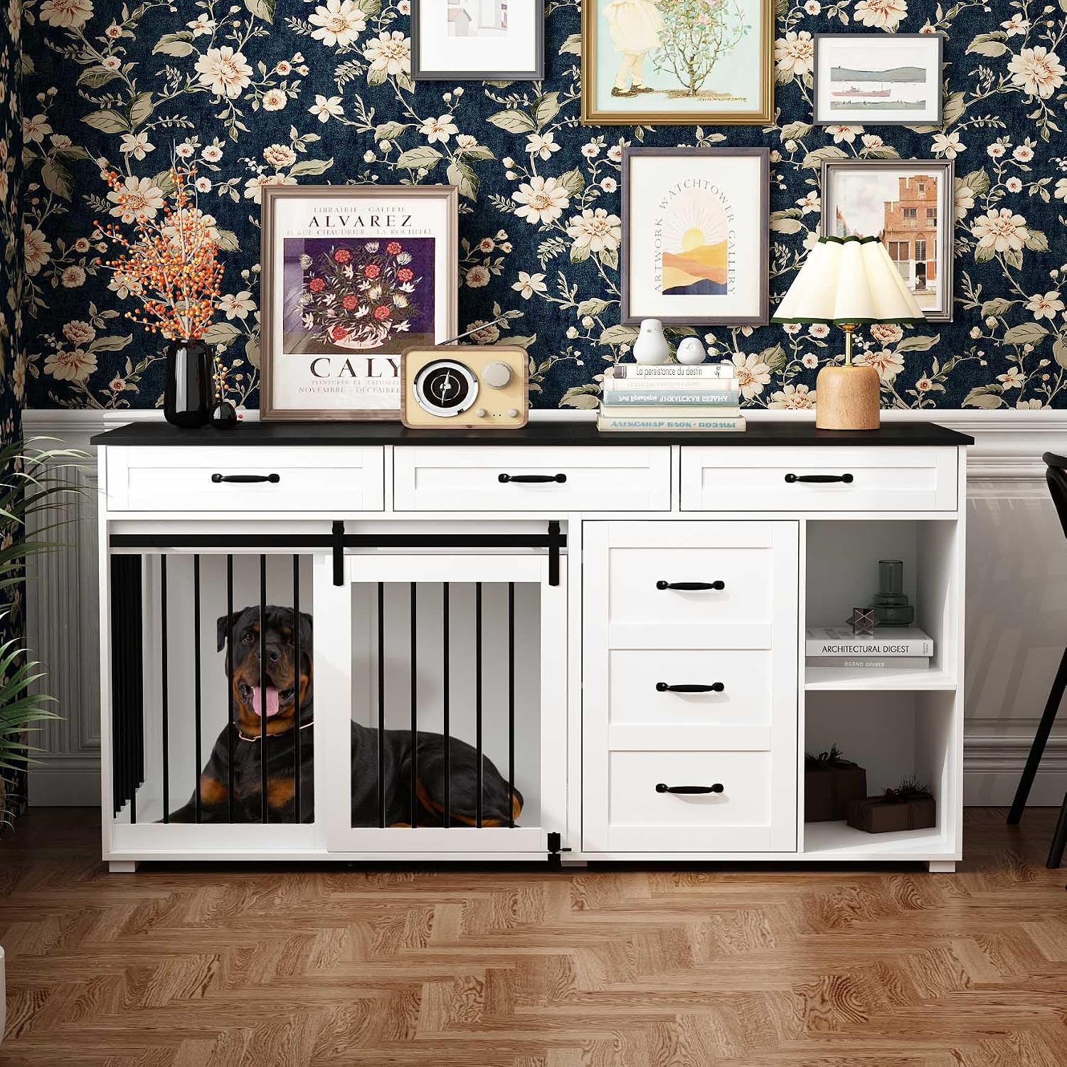 Dog Crate Funiture with Storage, 67 Wooden Heavy Duty Dog Kennel Table Furniture with Drawers & Shelves, Indoor Dog House TV Stand Single Room wSliding Door, White