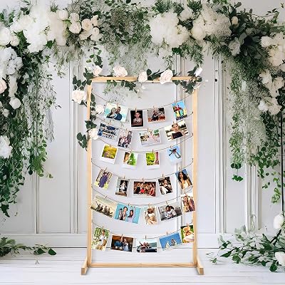 47 Inch Photo Display Board Wood Picture Collage Frame Bridal Shower Standing Picture Collage Board with 30 Wood Clip for Wedding Birthday Photo Artwork Postcard Greeting Card Organizer