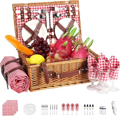 Neti Neti Wicker Picnic Basket for 4 with Insulated Cooler & Waterproof Blanket Large Willow Picnic Hamper for Outdoor, Camping, Beach, Romantic Dates, Valentines Day