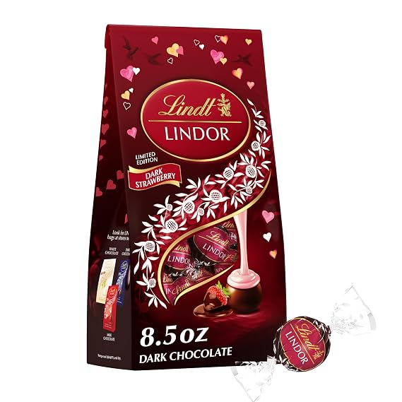 Lindt LINDOR Strawberry Dark Chocolate Candy Truffles, Valentine's Day Dark Chocolate with Smooth, Melting Center, 8.5 oz. Bag