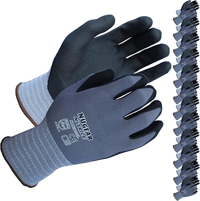 Nugear NBK3416 Safety Work Gloves-12 Pairs, MicroFoam Nitrile Coated Work Gloves, Nylon Gloves, Firm Grip Working Gloves