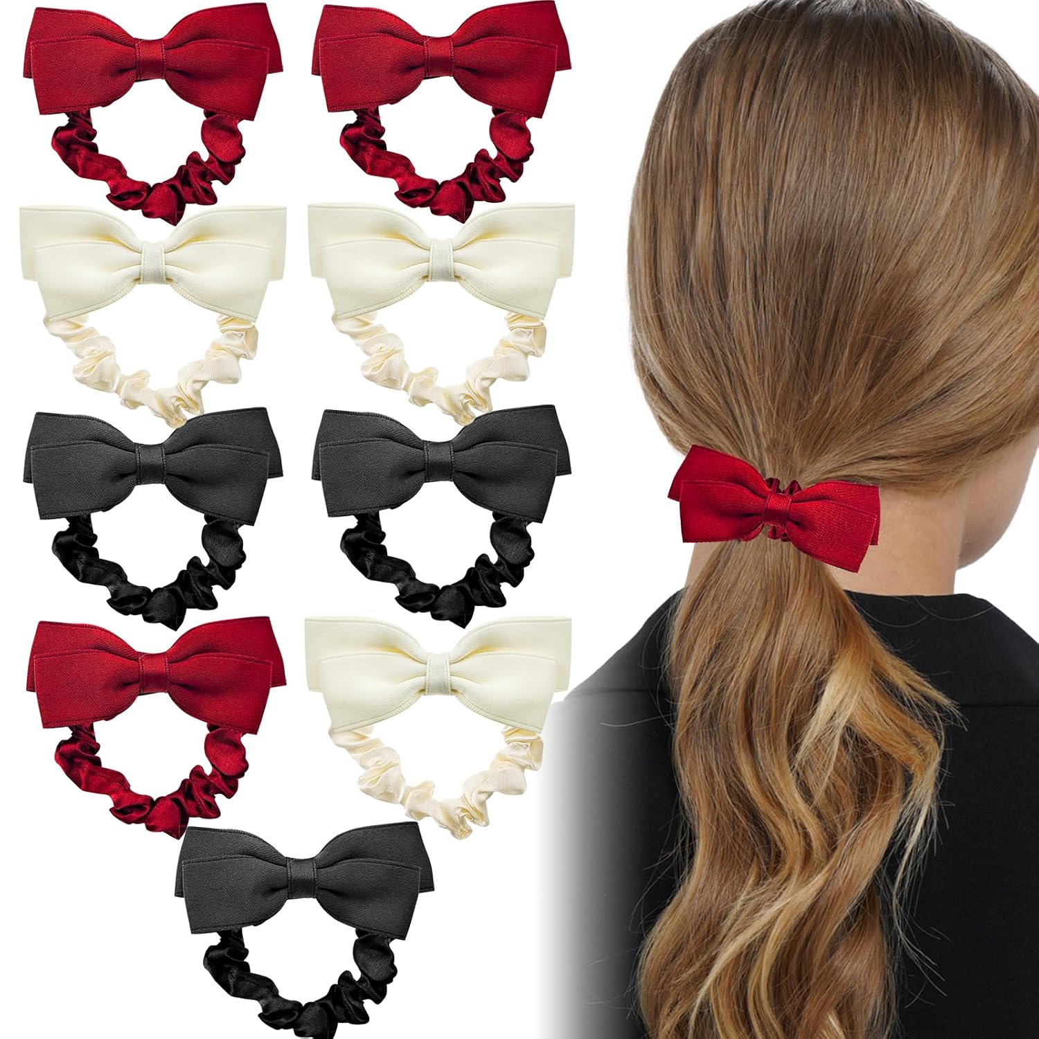 9PCS Sweet Bow Scrunchies Silk Bow Hair Ties Womens Ponytail Holder Rubber Bands Ribbon Bow Scrunchie for Women, Hair Accessories for Wedding Halloween Christmas Parties Black, Red, Beige