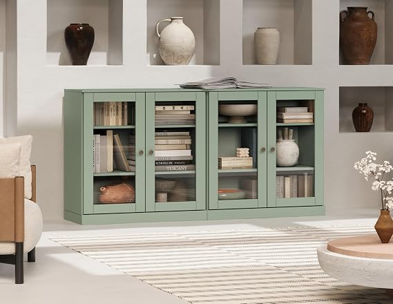 Palace Imports 100% Solid Wood 64"" Sideboard with Clear Glass Doors & Adjustable Shelves