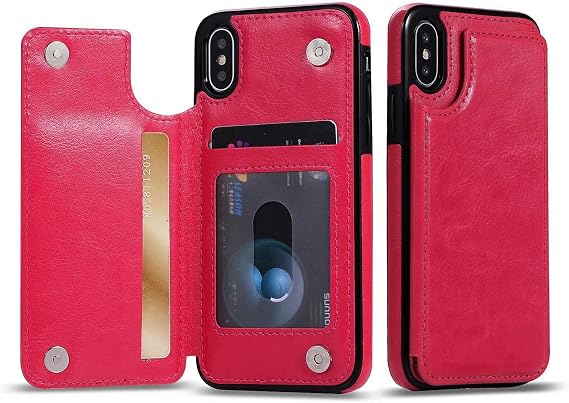 UEEBAI Case for iPhone Xs Max, Luxury PU Leather Case with [Two Magnetic Clasp] [Card Slots] Stand Function Durable Shockproof Soft TPU Case Back Wallet Cover for iPhone Xs Max - Rose Red